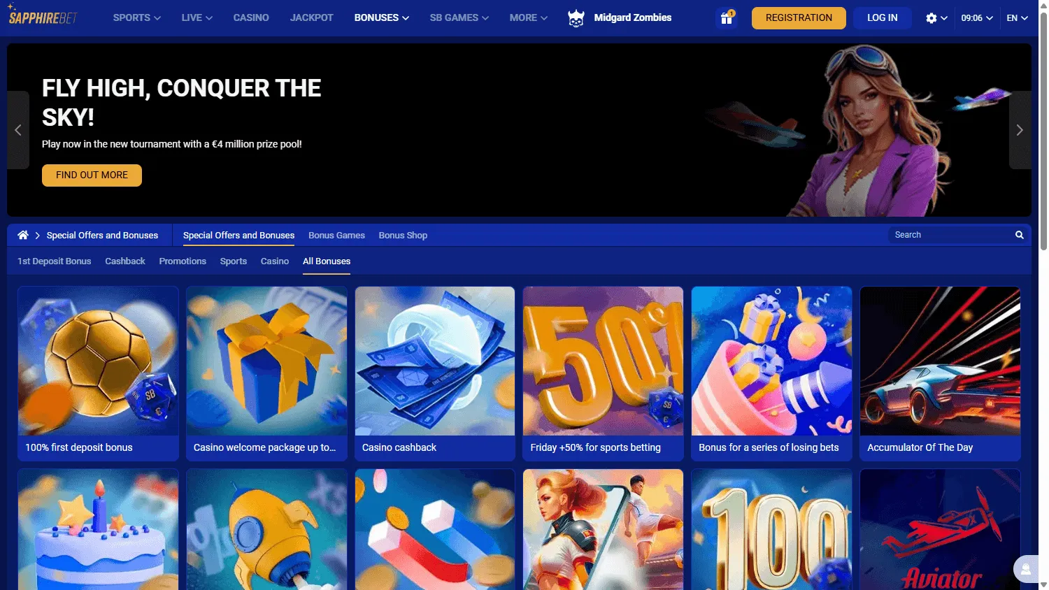 Sapphire Casino desktop promotions screen
