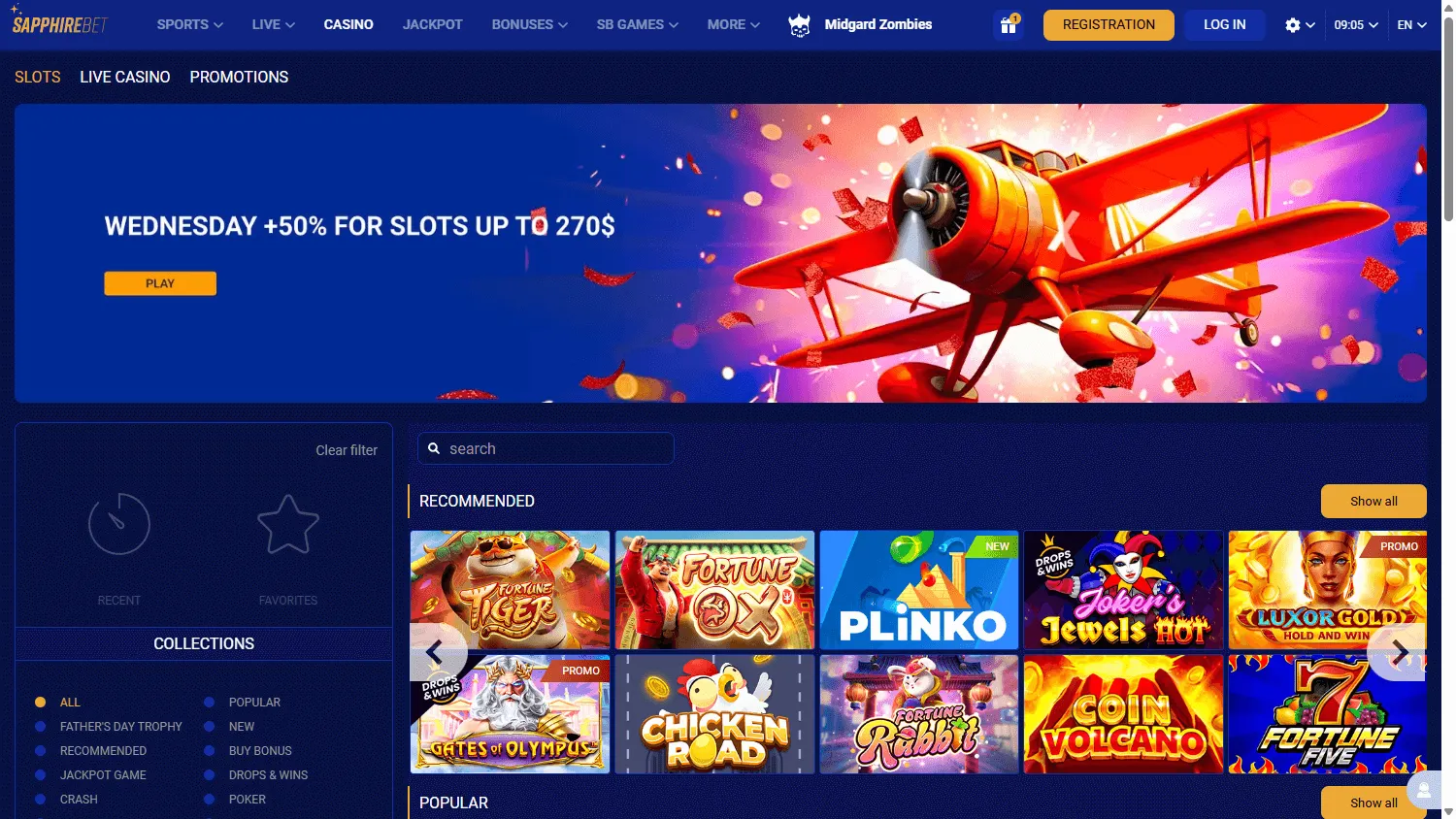Sapphire Casino desktop games screen